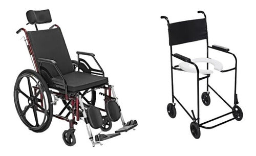 Cadeira de Rodas Reclinável Tetra Prolife 44cm Vinho + Cadeira de Banho Higiênica Simples PL 201 Prolife
