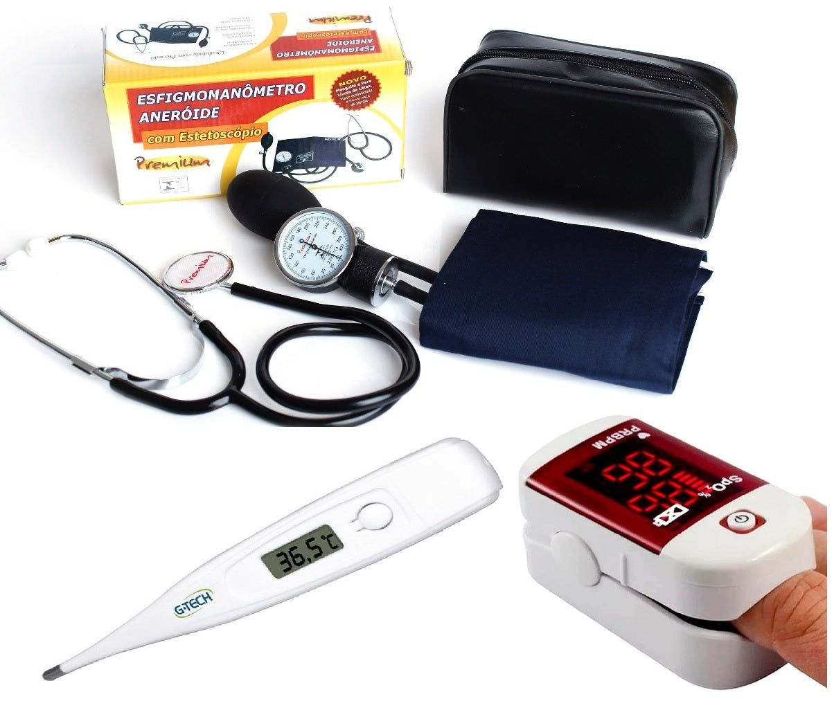 Termometro Digital Febre G-Tech - Branco + Aparelho de Pressão com Estetoscópio Premium + Oxímetro MD300C1 DellaMed