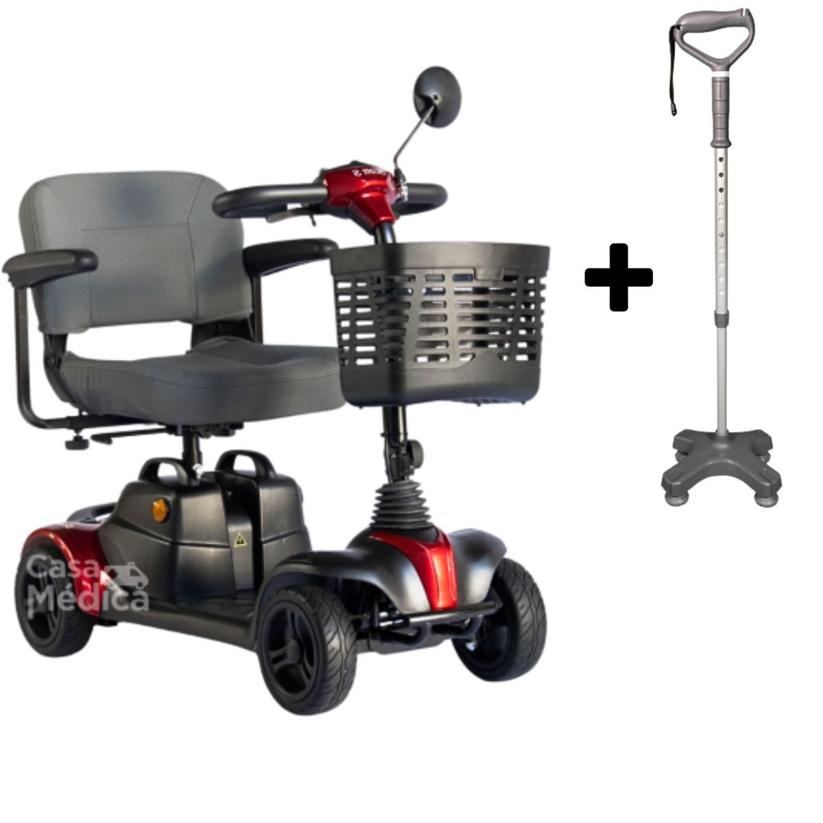 Cadeira de Rodas Motorizada Scooter Elétrica Scott S Ottobock - Vermelho + Bengala 4 Pontas Com Apoio Mercur Grafite
