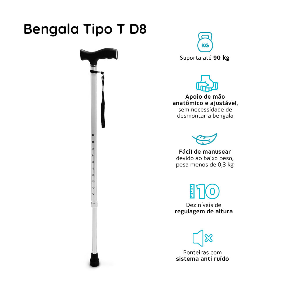 Bengala T Bastão com Altura Regulável até 90 Kg D8 Dellamed