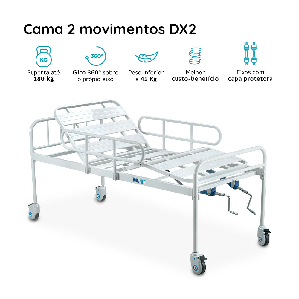 Cama Hospitalar Simples 2 Manivelas c/ Grade DX - Dellamed