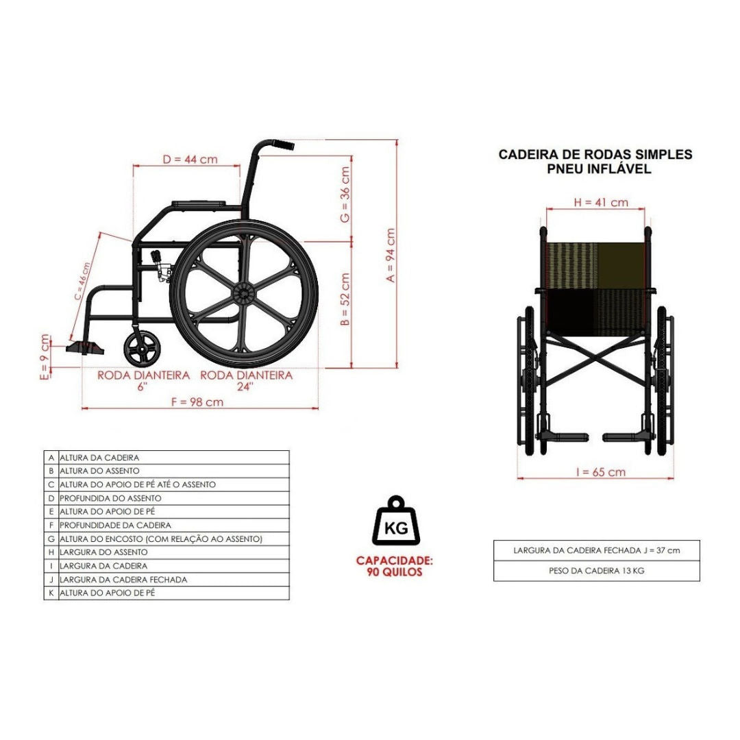 Cadeira de Rodas Nylon Pés Fixos Pneu Inflável (PL002) - Prolife