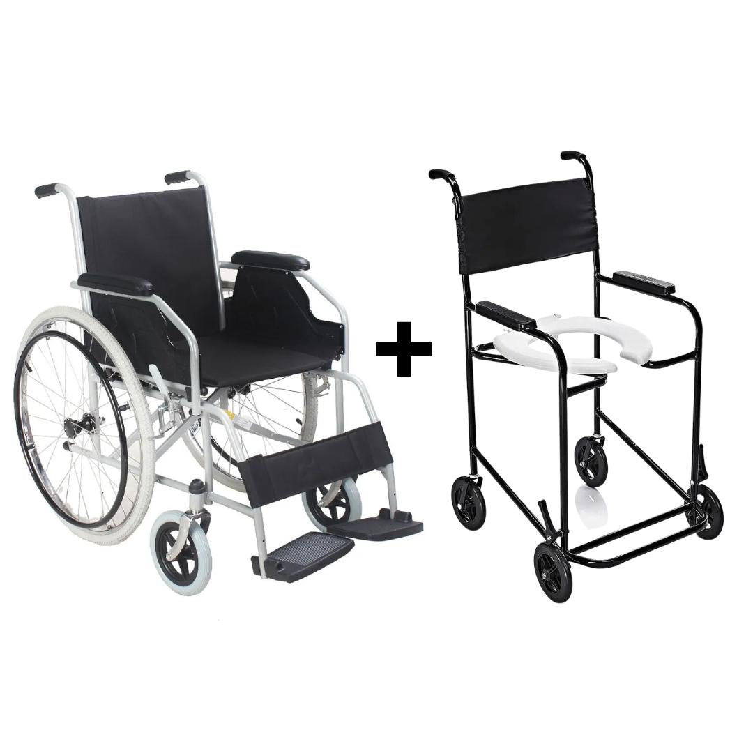 Cadeira de Rodas em Aço Carbono Dobrável D100 Dellamed + Cadeira de Banho Higiênica Simples PL 201 Prolife