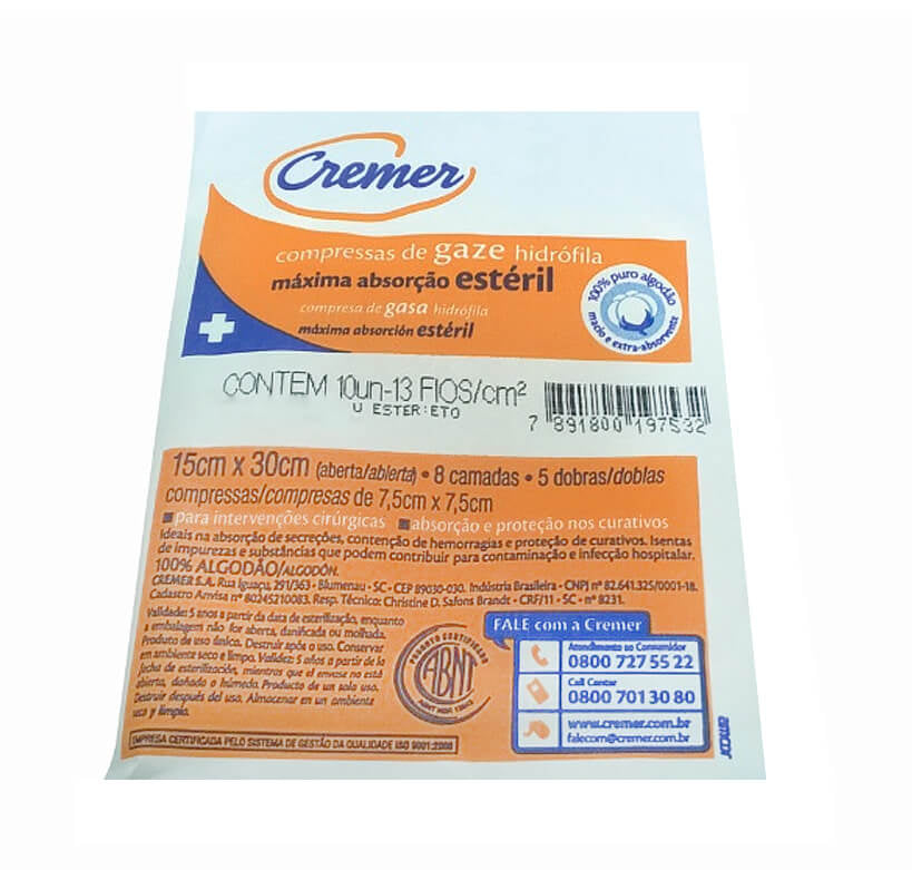 Compressa de Gaze Estéril 7,5 x 7,5cm 13 Fios c/ 10 und - Cremer