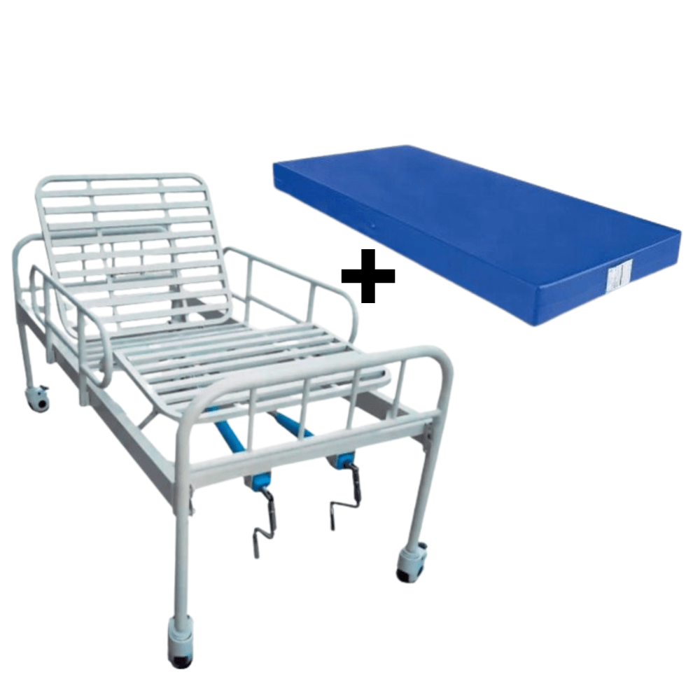Cama Hospitalar Simples 2 Manivelas com Grade DX Dellamed + Colchão Hospitalar Impermeável 1,88x0,88m D28 Tech Espuma