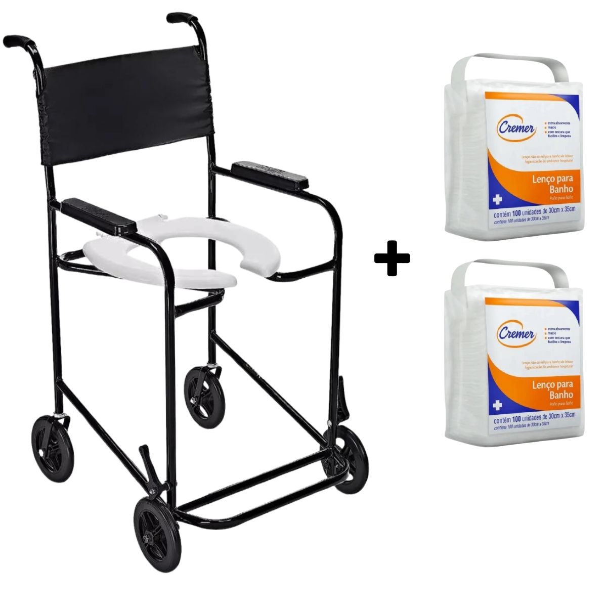 Cadeira de Banho Higiênica Simples PL 201 Prolife + 2 Lenço Para Banho e Higienização 30cm X 35cm com 100 Cremer