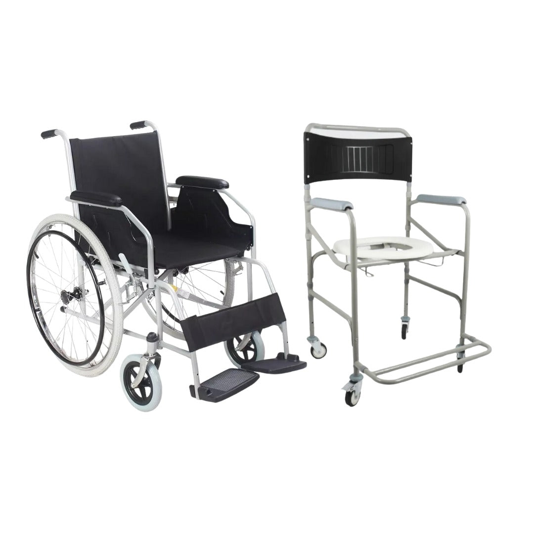 Cadeira de Rodas em Aço Carbono Dobrável D100 Dellamed + Cadeira de Banho Higiênica Dobrável D30 (120 kg)